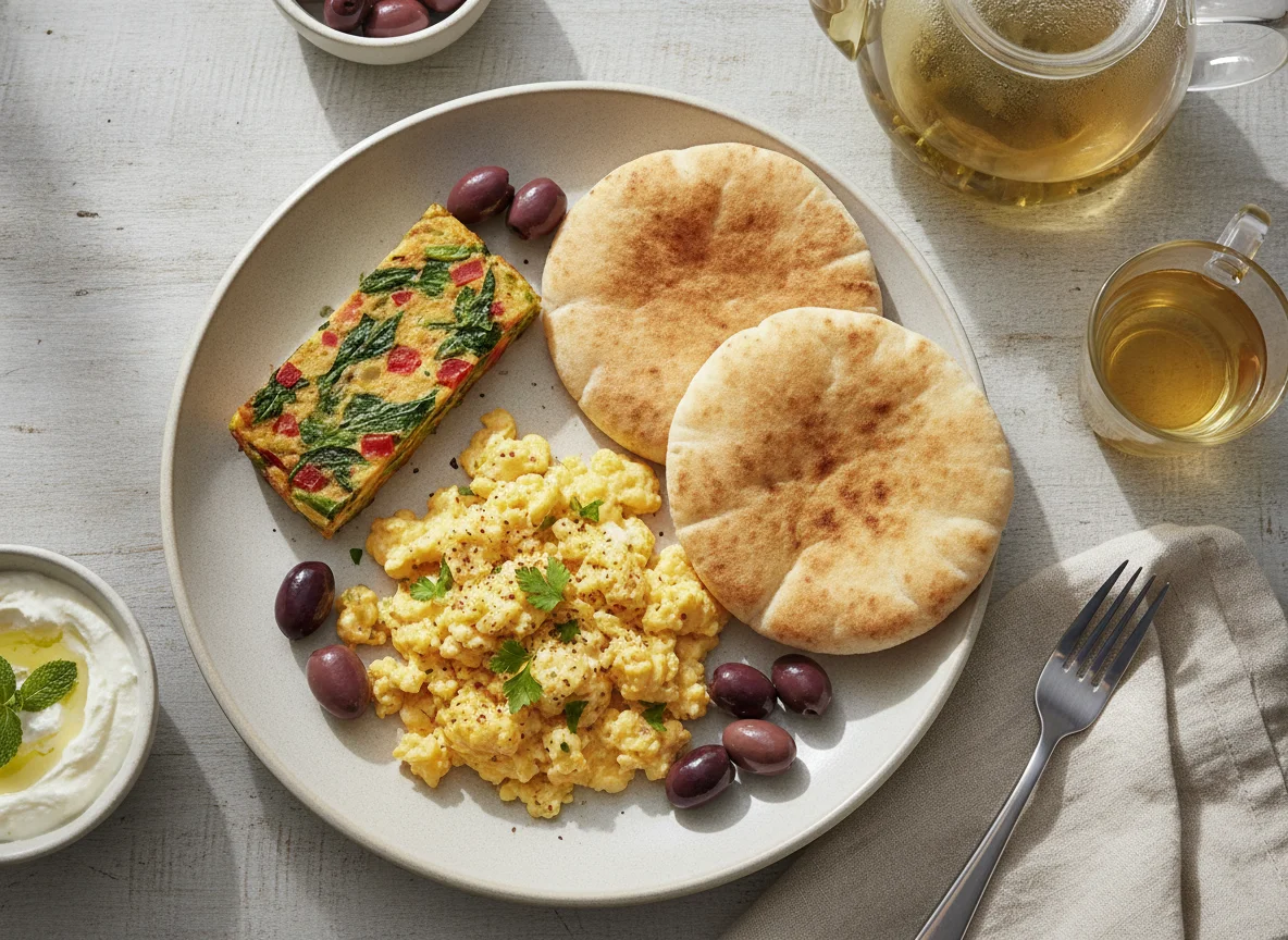 Arabic Breakfast with Scrambled Eggs and Pita photo