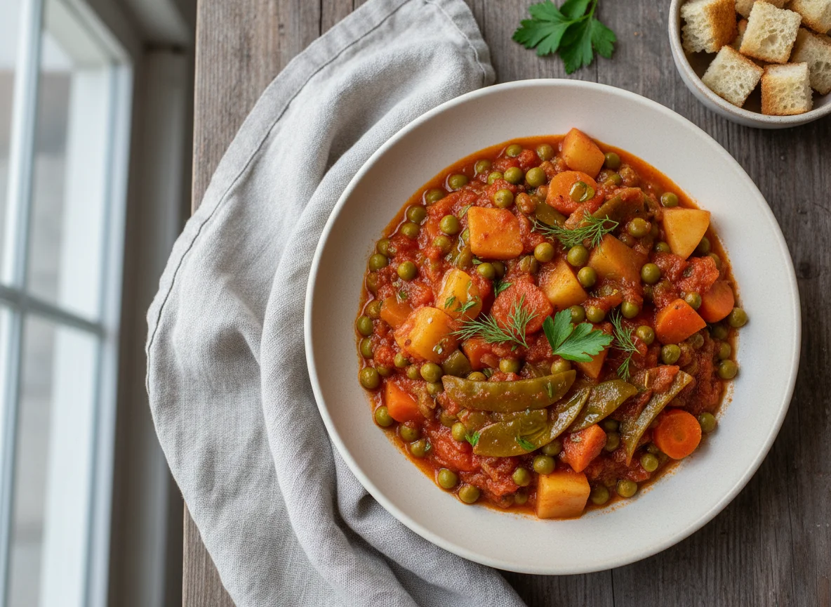 Arakas Laderos (Peas with Potatoes and Carrots in Tomato Sauce) photo
