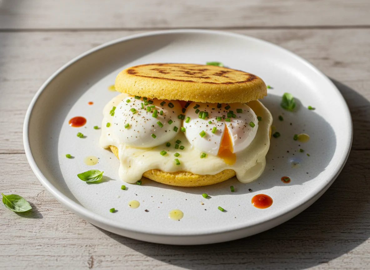 Arepa with Mozzarella and Poached Eggs photo