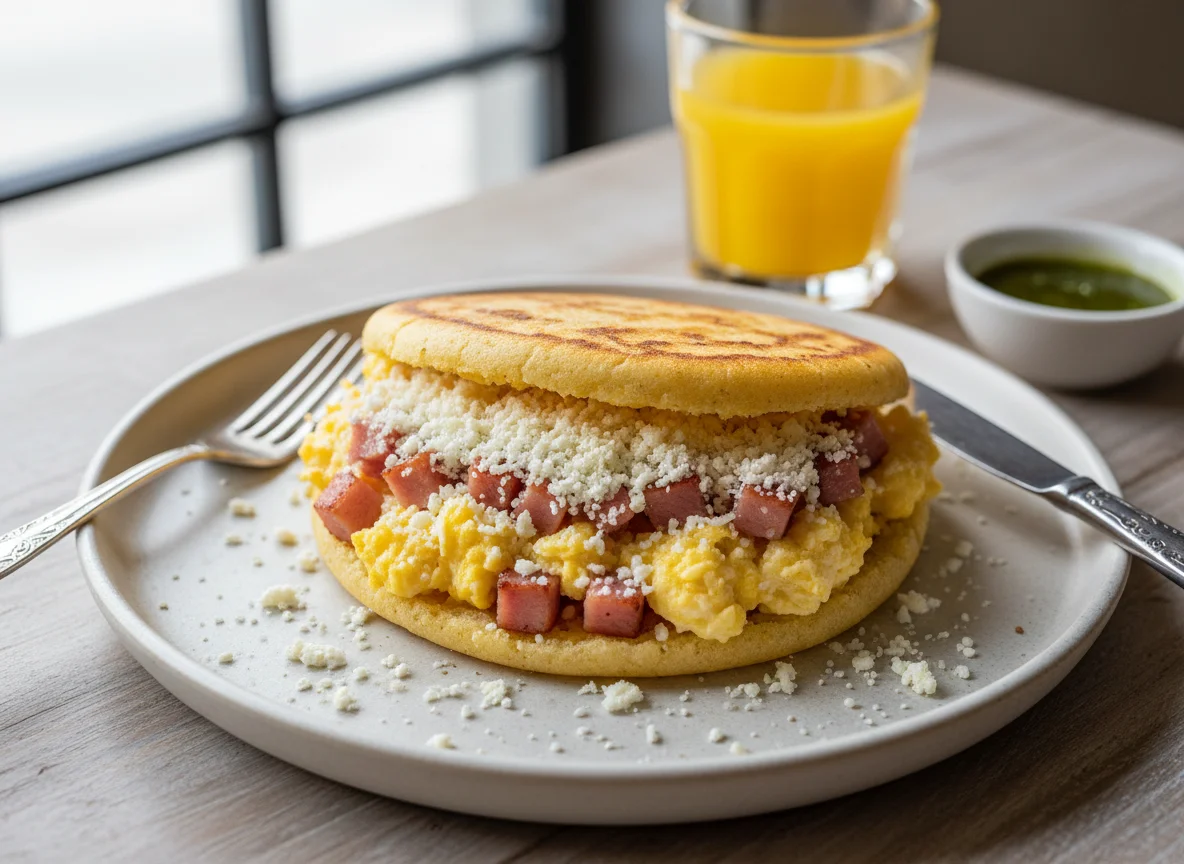 Arepa with Scrambled Eggs and Ham photo