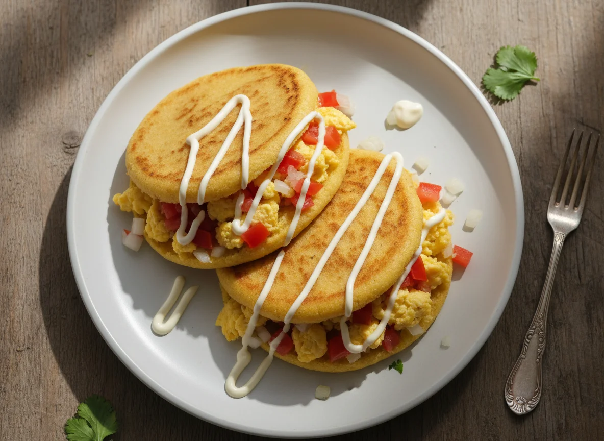 Arepas with Scrambled Eggs and Vegetables photo