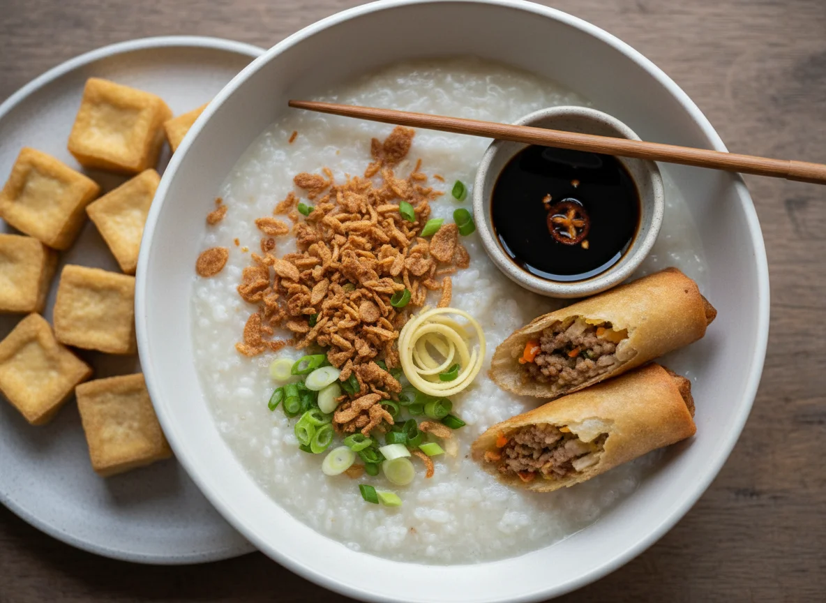 Arroz Caldo with Fried Tofu and Lumpia photo