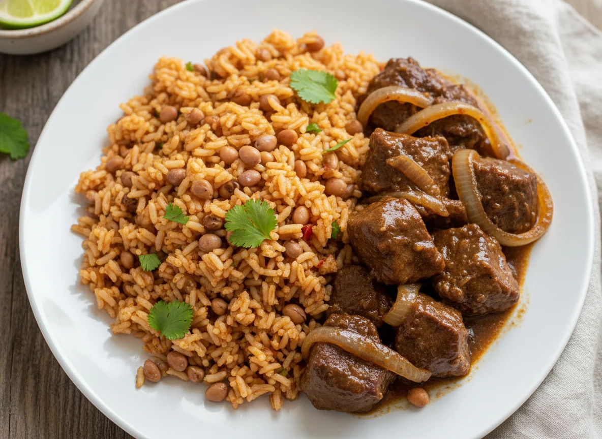 Arroz con Gandules with Stewed Beef and Onions photo