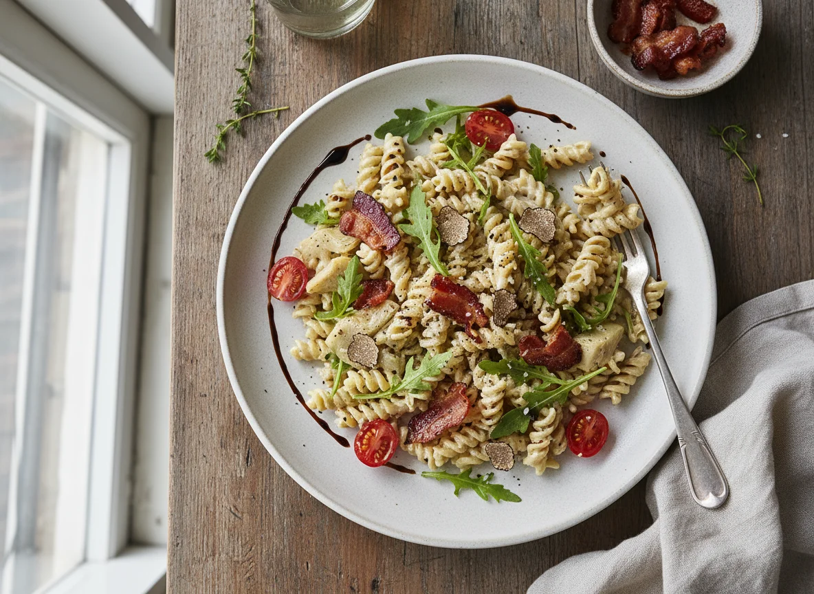Artichoke truffle pasta with maple bacon photo