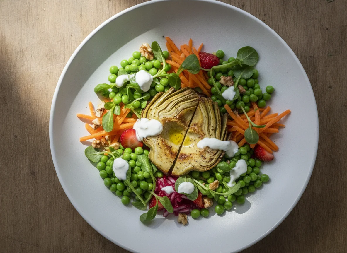 Artichoke with Vegetables and Purslane Salad photo