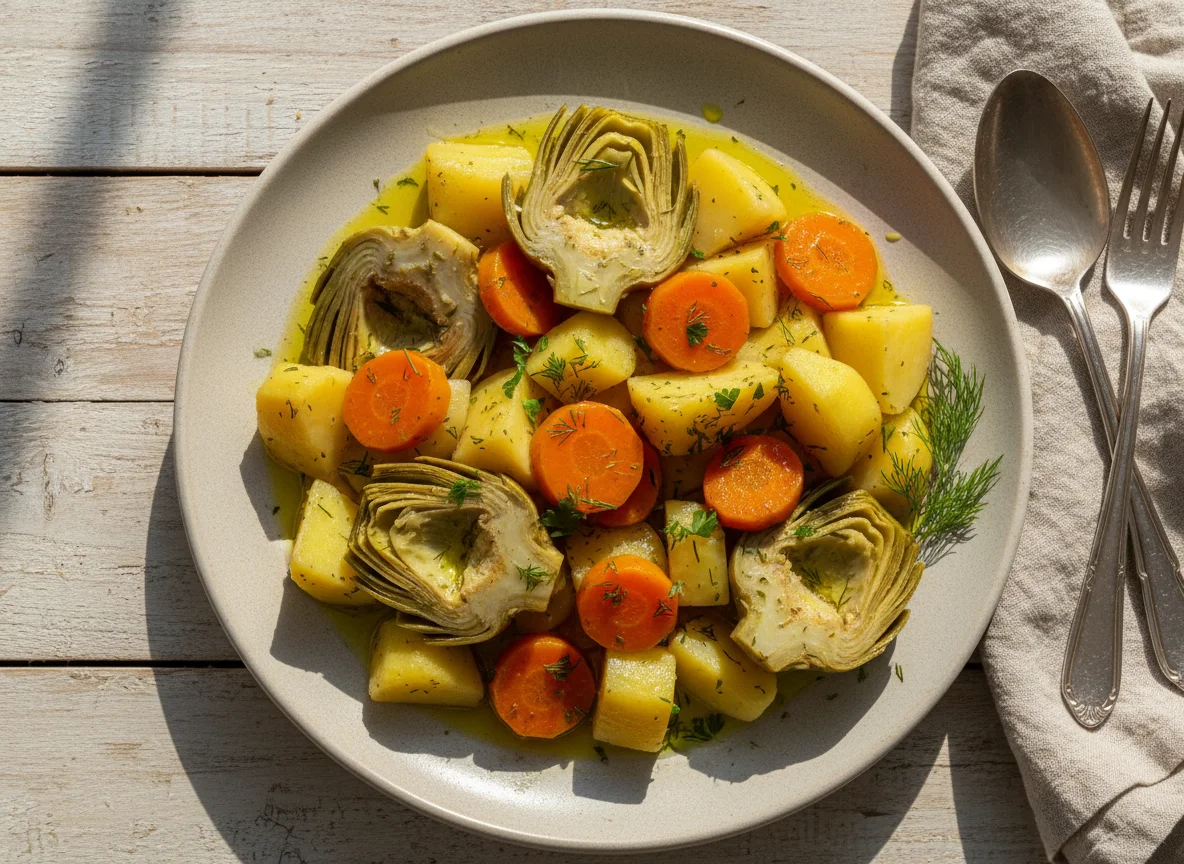 Artichokes with Potatoes and Carrots (Aginara a la Polita) photo