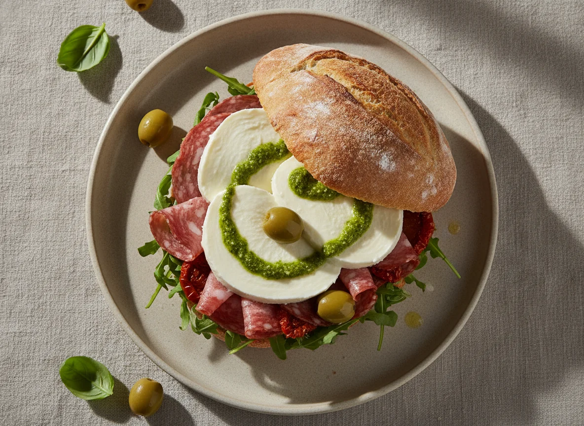 Artisan Ciabatta Sandwich with Mozzarella and Salami photo