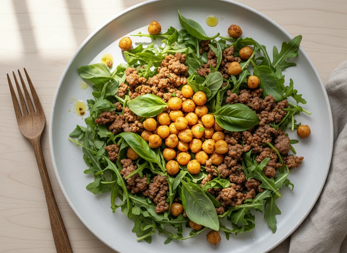 Arugula and Basil Salad with Spiced Chickpeas and Ground Meat photo
