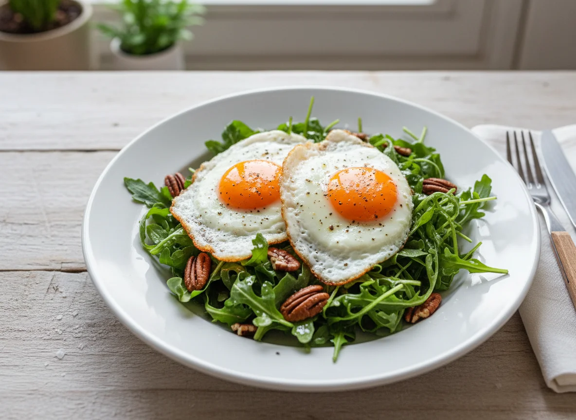 Arugula Salad with Fried Eggs and Pecans photo