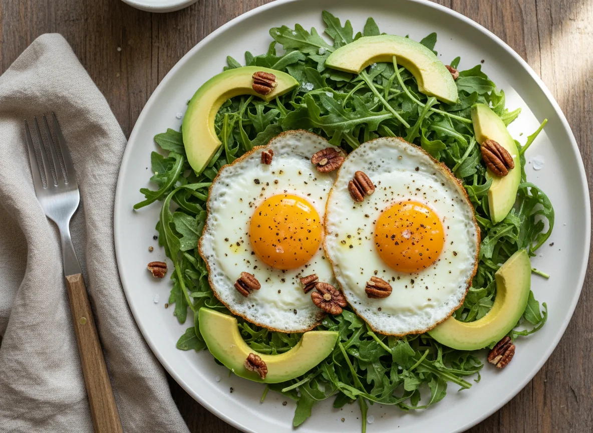 Arugula Salad with Fried Eggs, Avocado, and Pecans photo