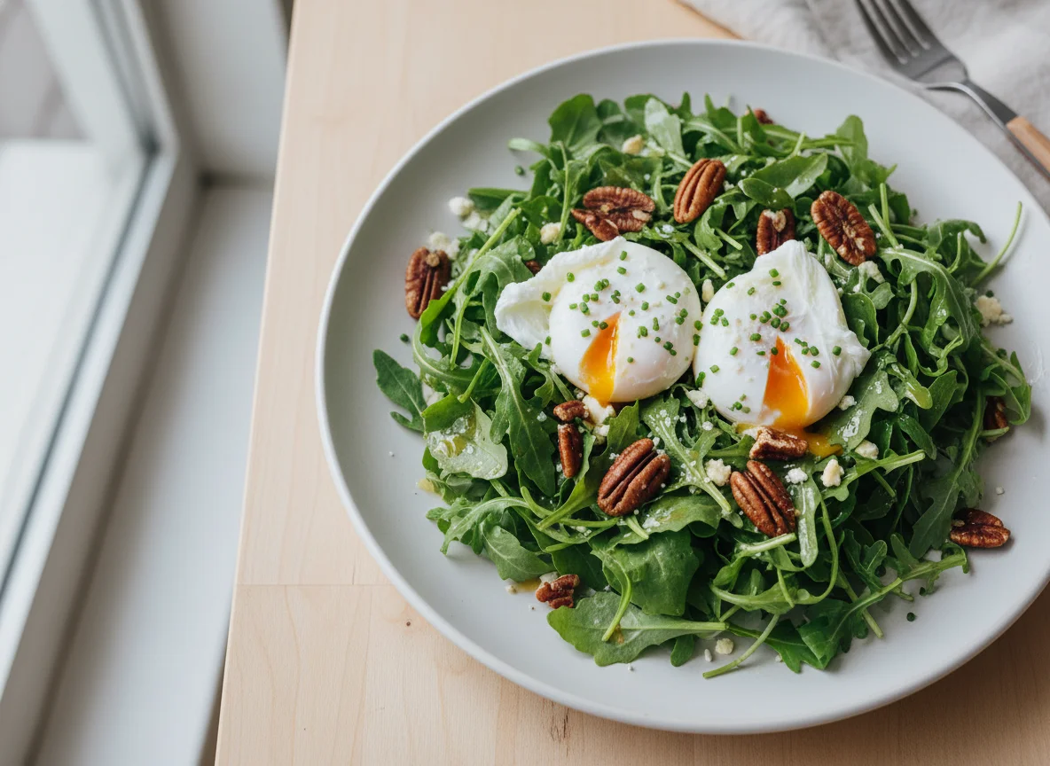 Arugula Salad with Poached Eggs and Pecans photo