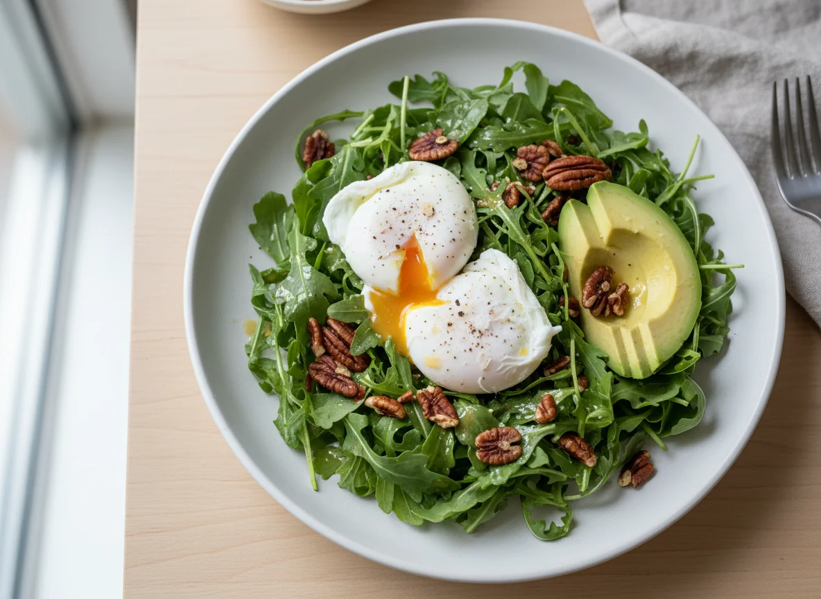 Arugula Salad with Poached Eggs, Avocado, and Pecans photo