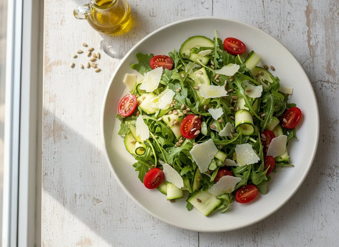 Arugula, Zucchini, Tomato, and Parmesan Salad with Sunflower Seeds photo