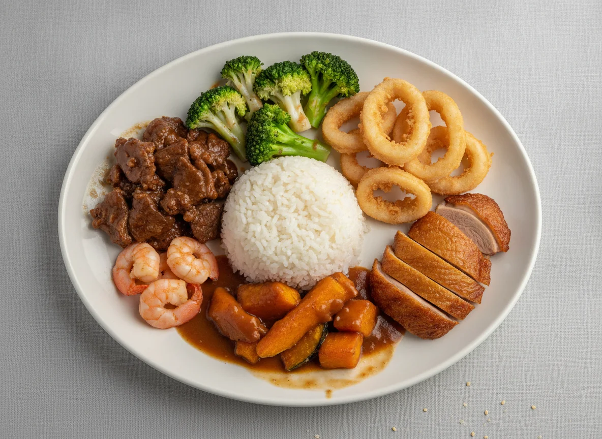 Asian Buffet Plate with Beef, Seafood, and Broccoli photo