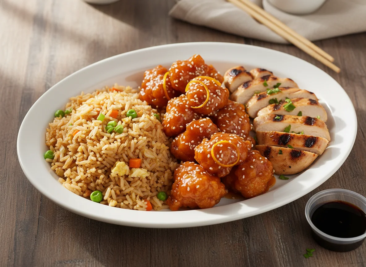 Asian Combo Plate with Fried Rice, Orange Chicken, and Grilled Chicken photo