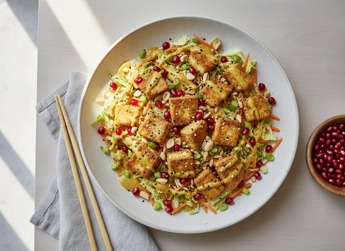 Asian Fusion Salad with Crispy Tofu and Pomegranate photo