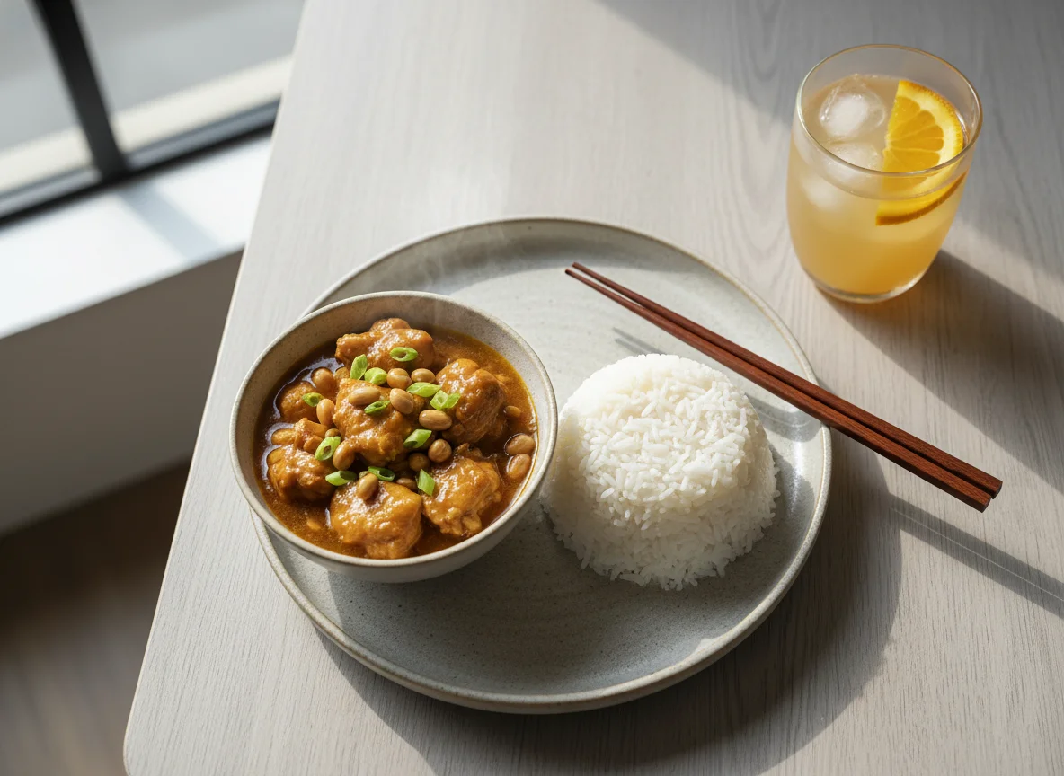 Asian Meal with Rice, Stew, and Orange Drink photo