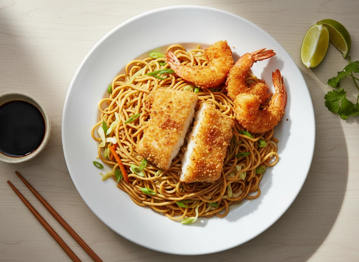 Asian Noodle Dish with Fried Fish and Shrimp photo