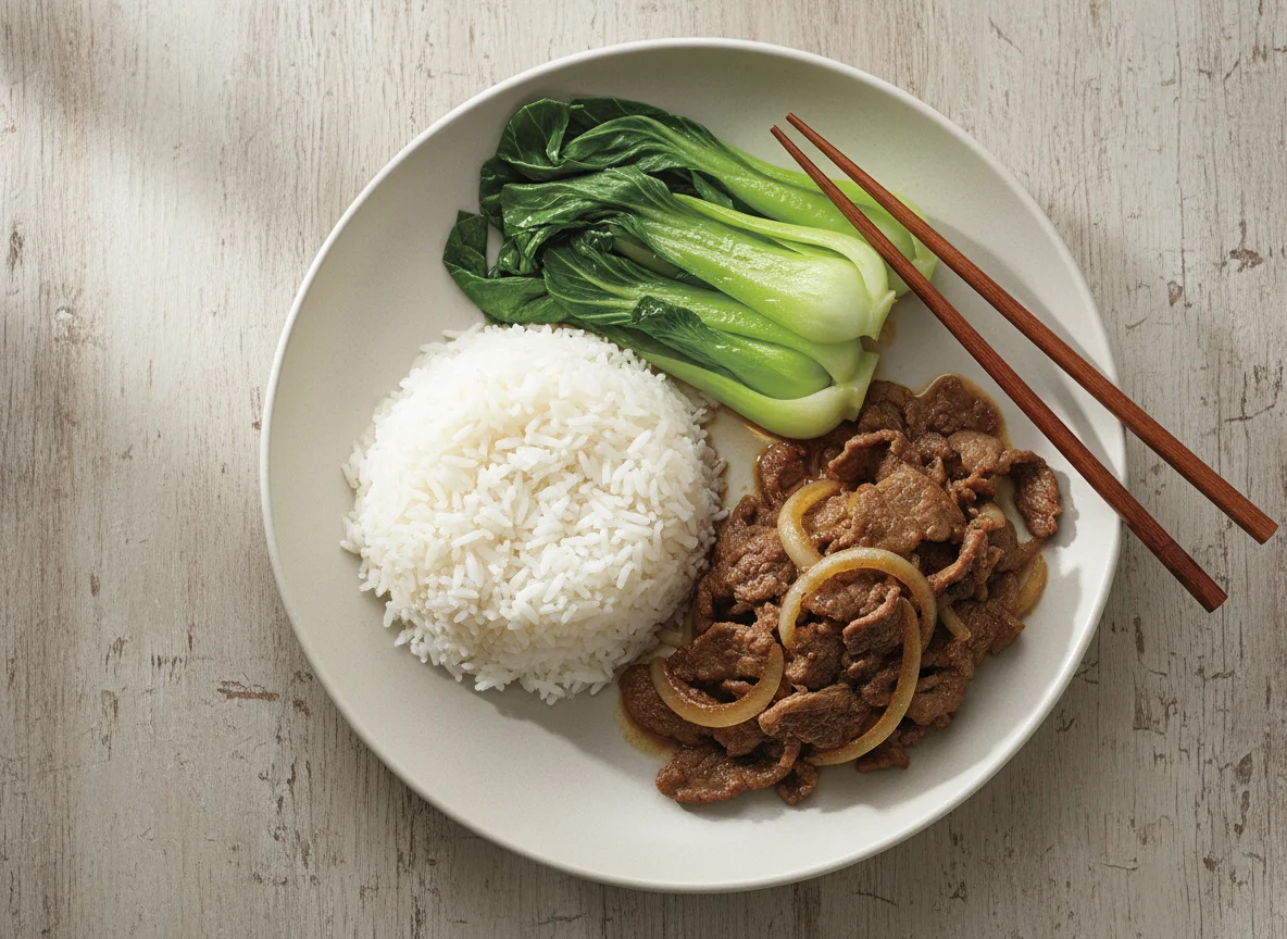 Asian Style Meal with Beef and Vegetables photo