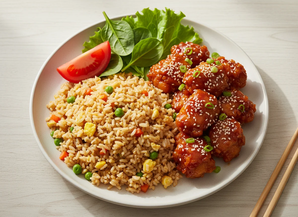 Asian Style Meal with Fried Rice and Chicken photo