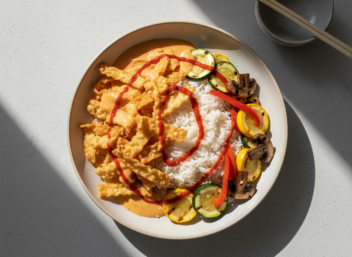 Asian-inspired dish with crispy noodles and sauce photo