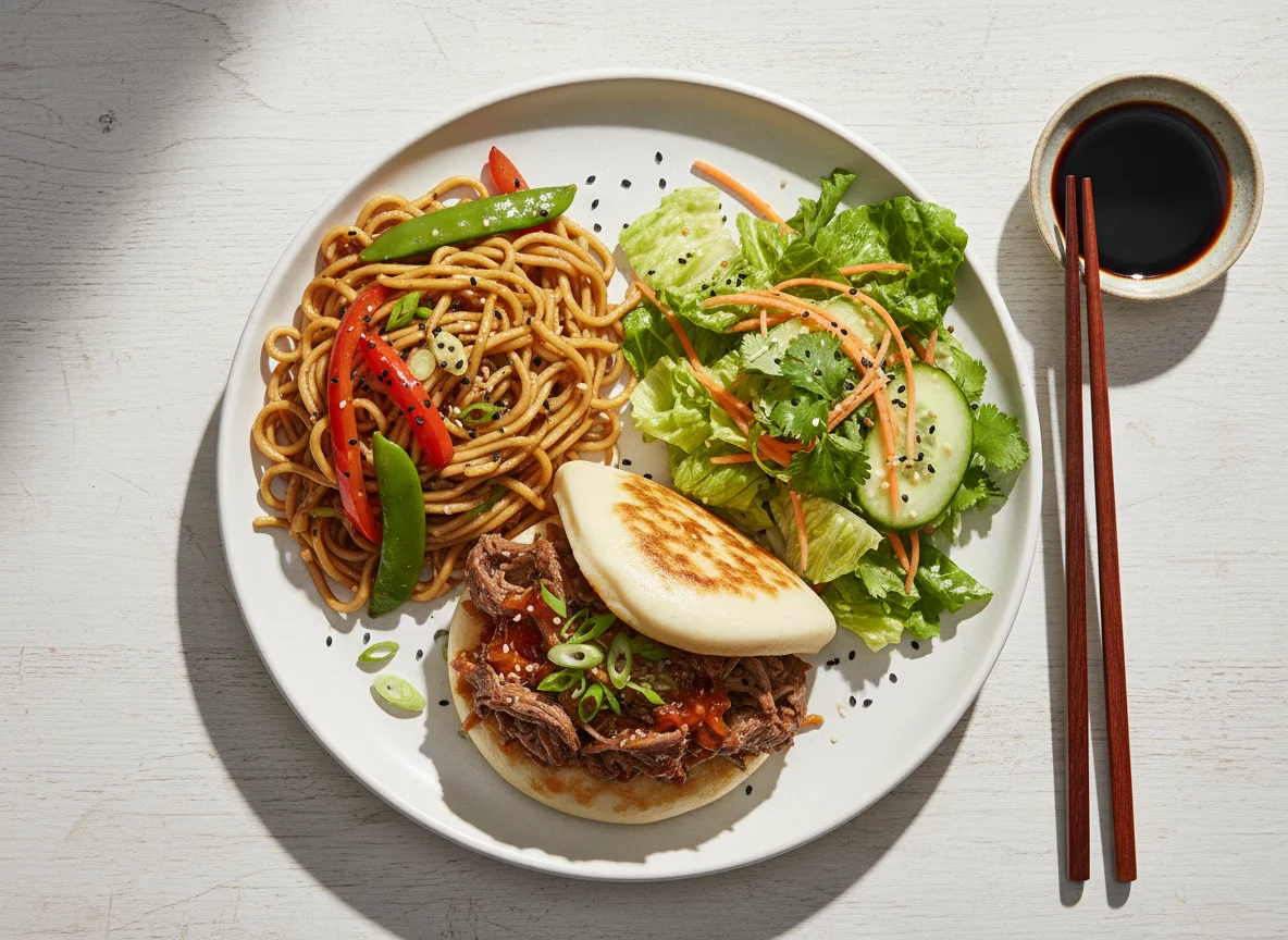 Asian-inspired meal with bao bun, noodles, and salad photo