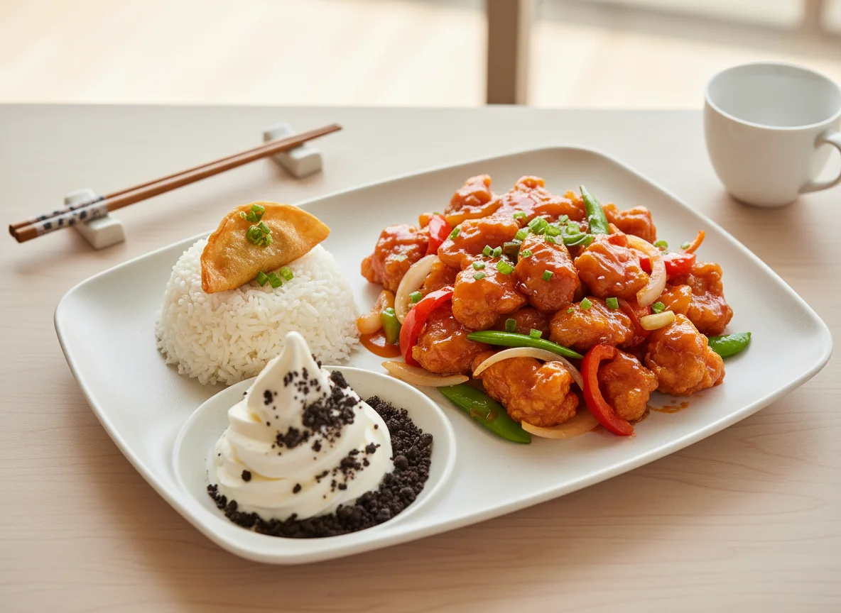 Asian-inspired meal with dessert photo