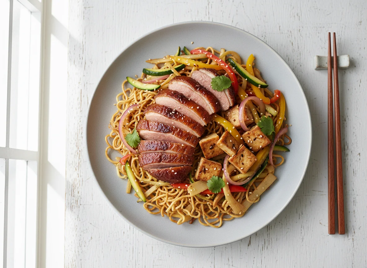 Asian-style meal with noodles, stir-fried vegetables, and duck photo