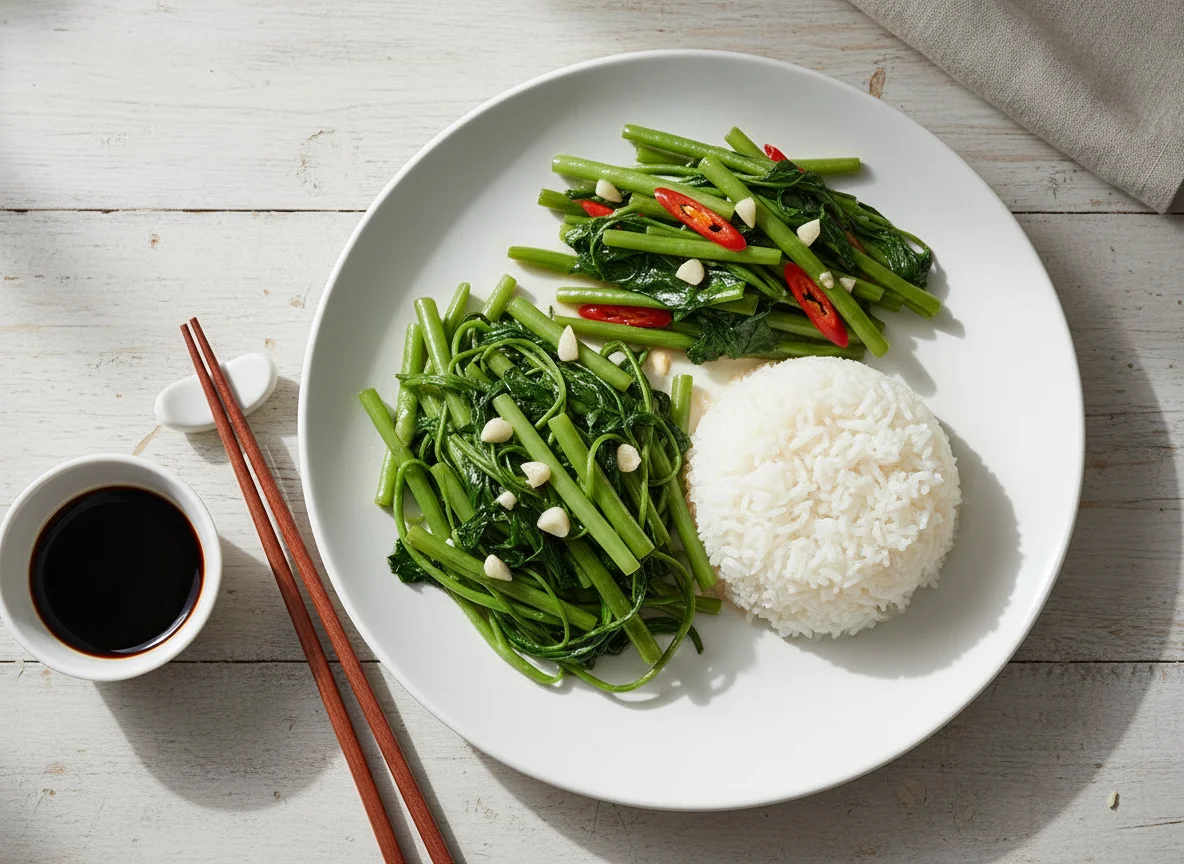 Asian-style meal with rice and stir-fried vegetables photo