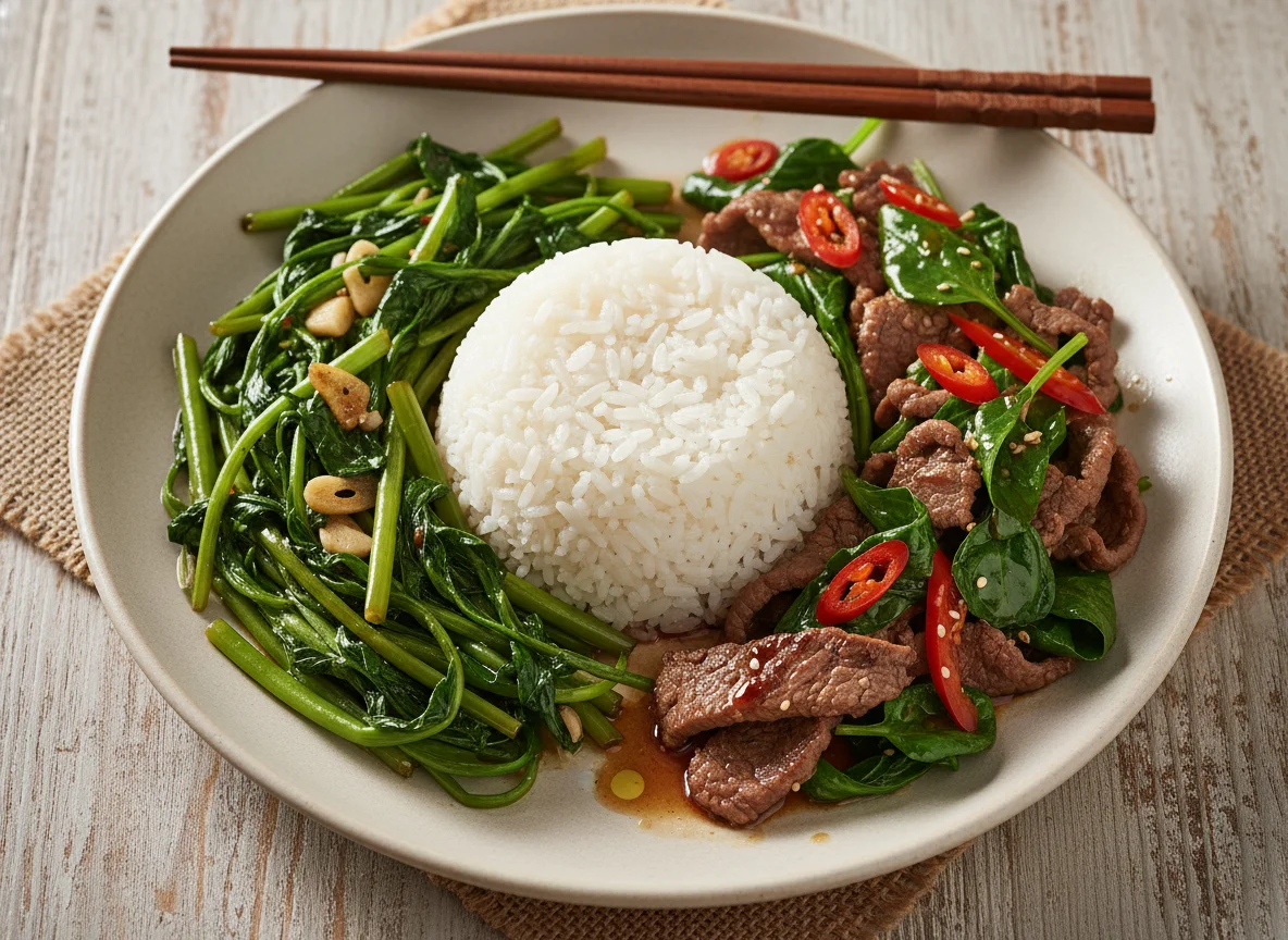 Asian-style meal with rice, stir-fried greens, and beef with vegetables photo