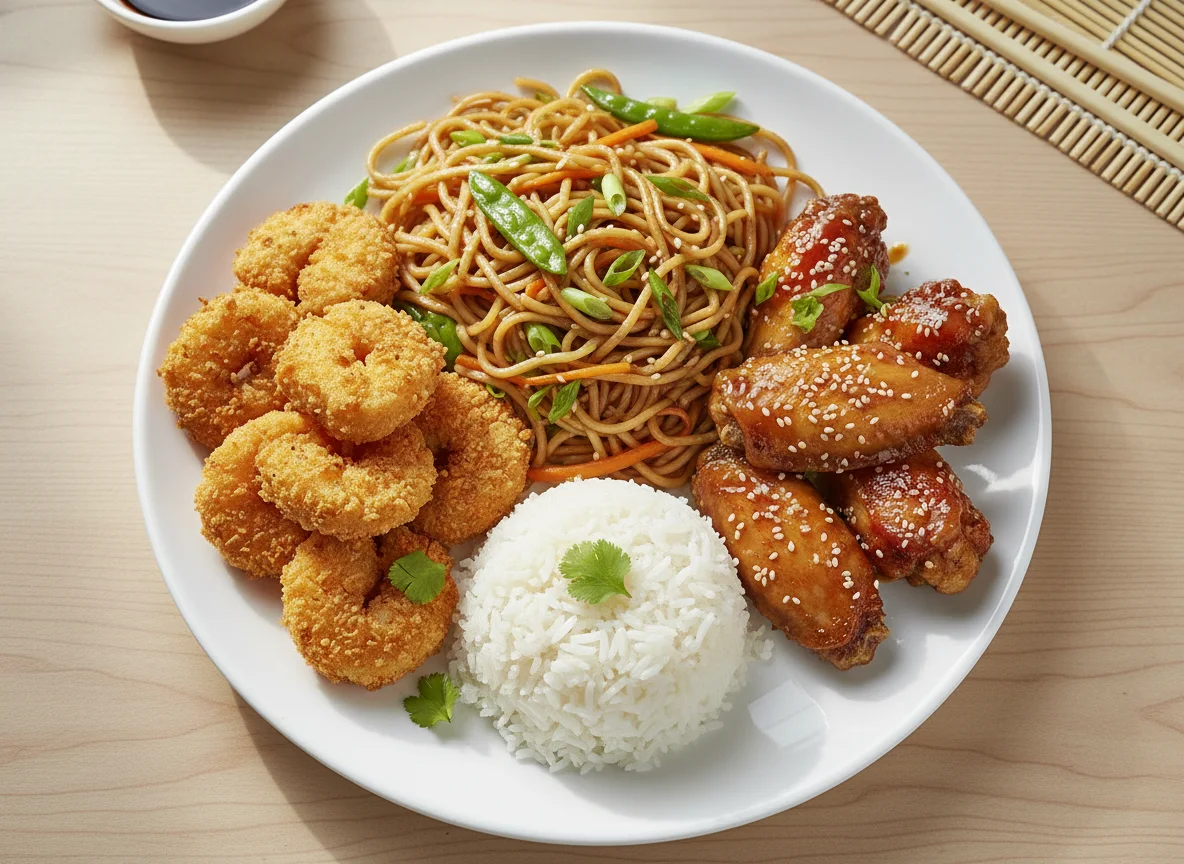 Asian-style mixed plate with fried shrimp, noodles, rice, and chicken wings photo