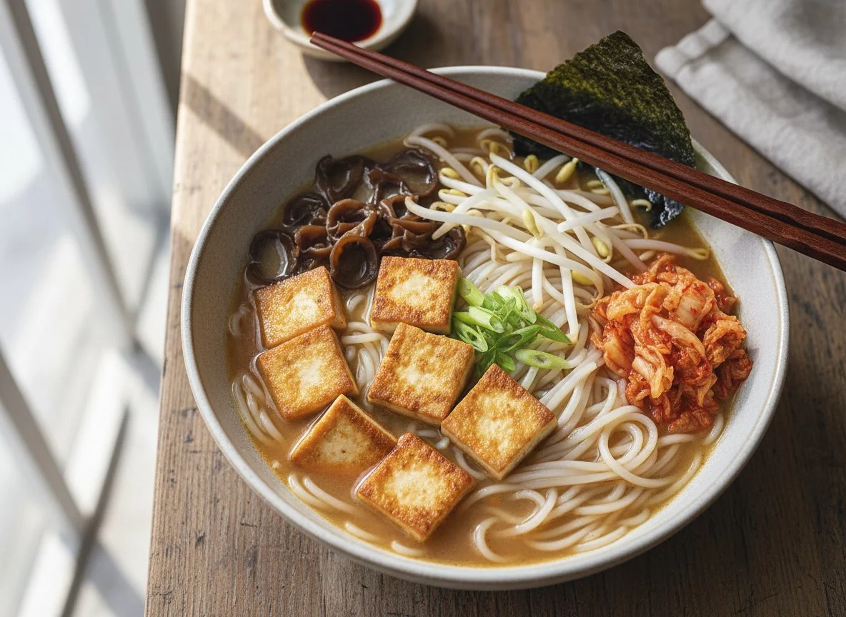 Asian-style Noodle Soup with Tofu and Mushrooms photo