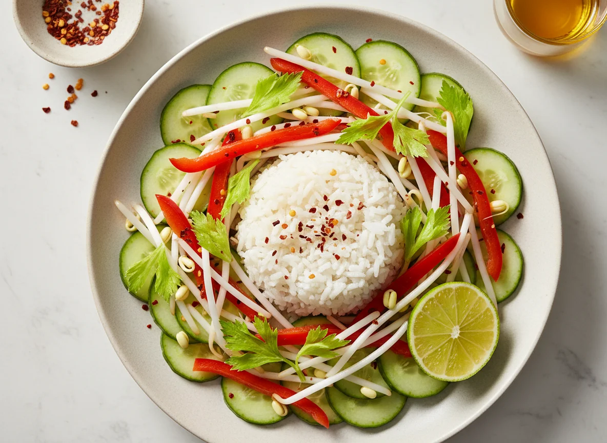 Asian-style salad with rice and chili flakes photo