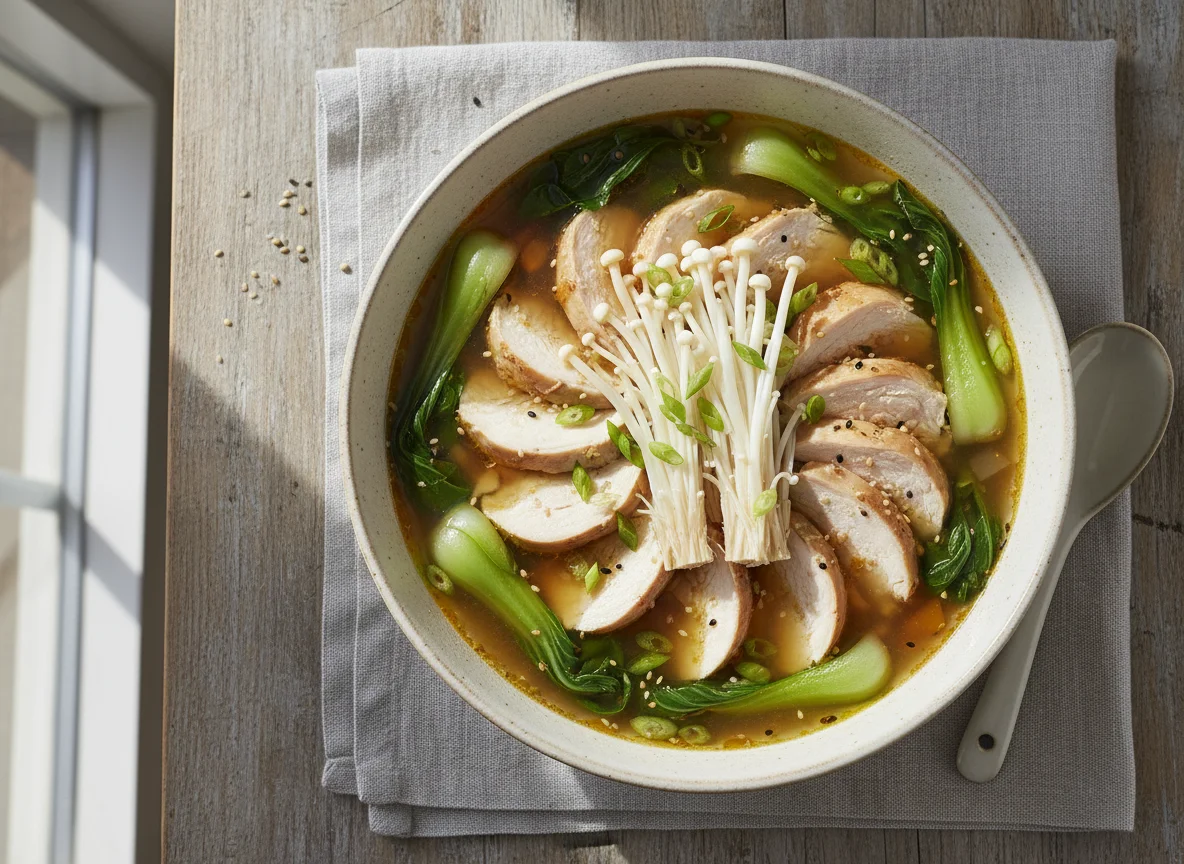 Asian-style Soup with Bok Choy, Chicken, and Mushrooms photo