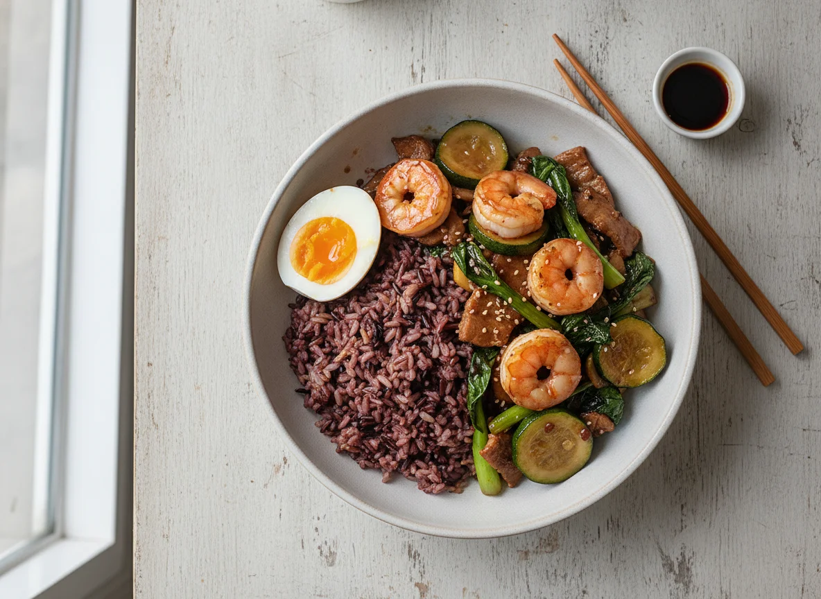 Asian-style stir-fry with rice, egg, and greens photo