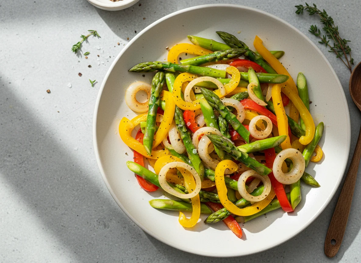 Asparagus and Sautéed Peppers with Onions photo
