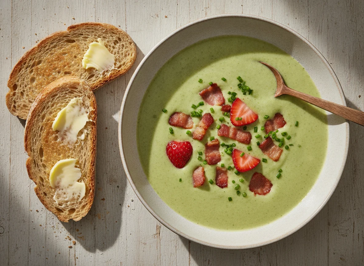 Asparagus soup with bacon, strawberries, and toast photo