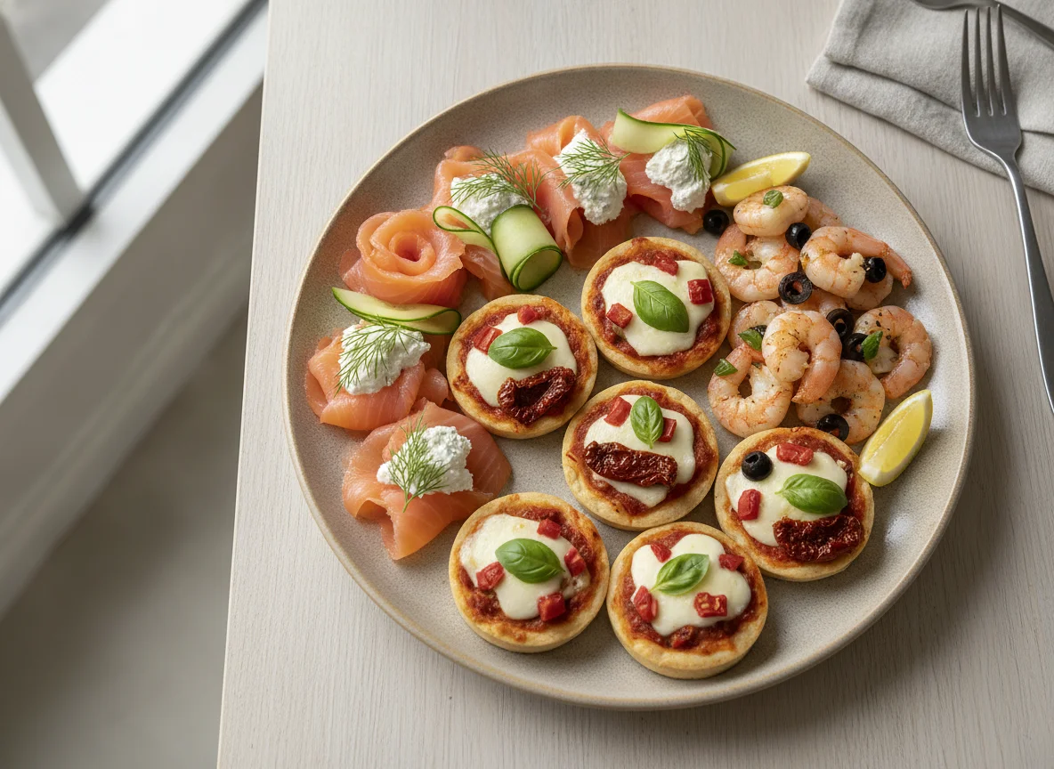 Assorted Appetizer Platter with Salmon, Shrimp, and Mini Pizza photo