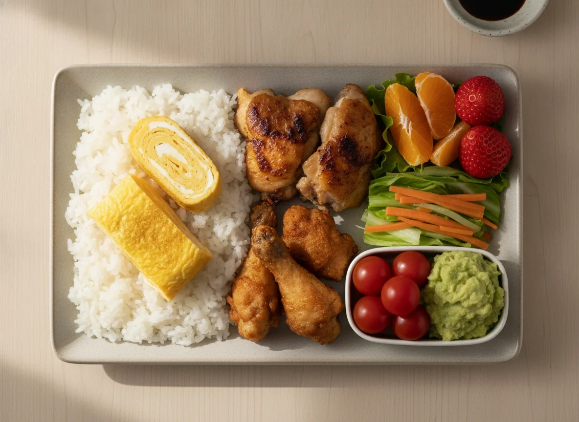 Assorted Bento Box with Chicken, Egg, and Fruit photo