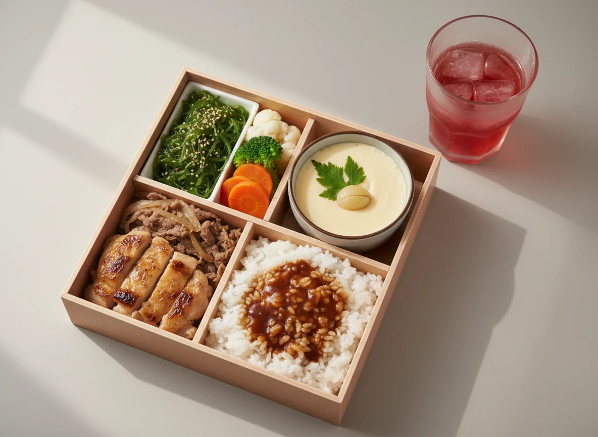 Assorted Bento Box with Steamed Egg and Seaweed Salad photo