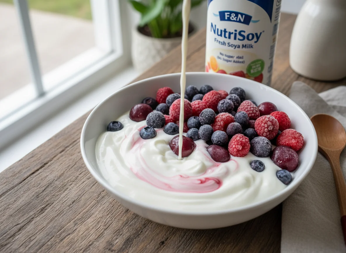 Assorted Berries, Yogurt, and Soya Milk photo