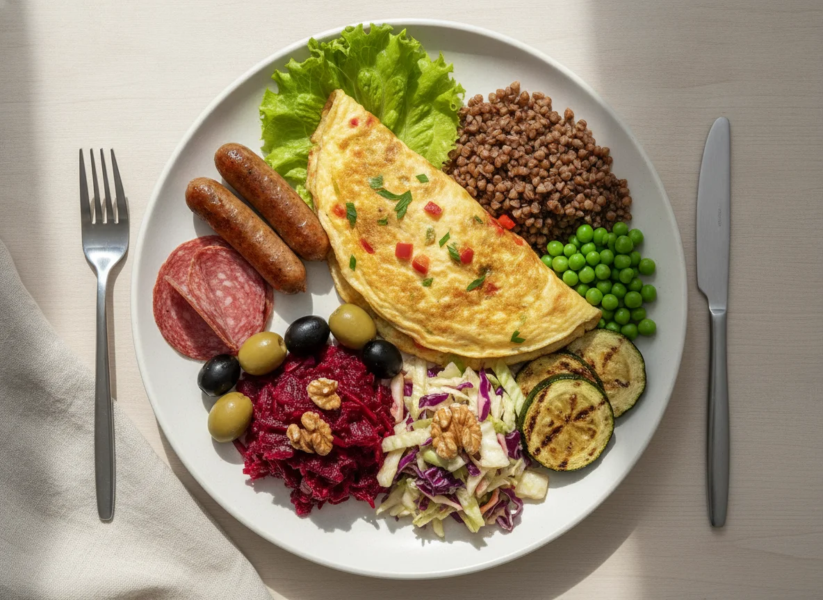 Assorted breakfast plate with omelet, sausage, and vegetables photo