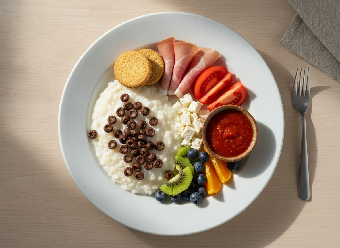 Assorted Breakfast Plate with Porridge, Fruit, and Ham photo