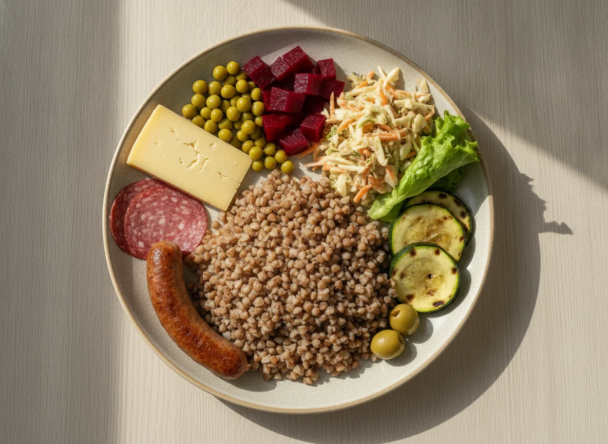 Assorted Breakfast Plate with Sausage, Cheese, and Buckwheat photo