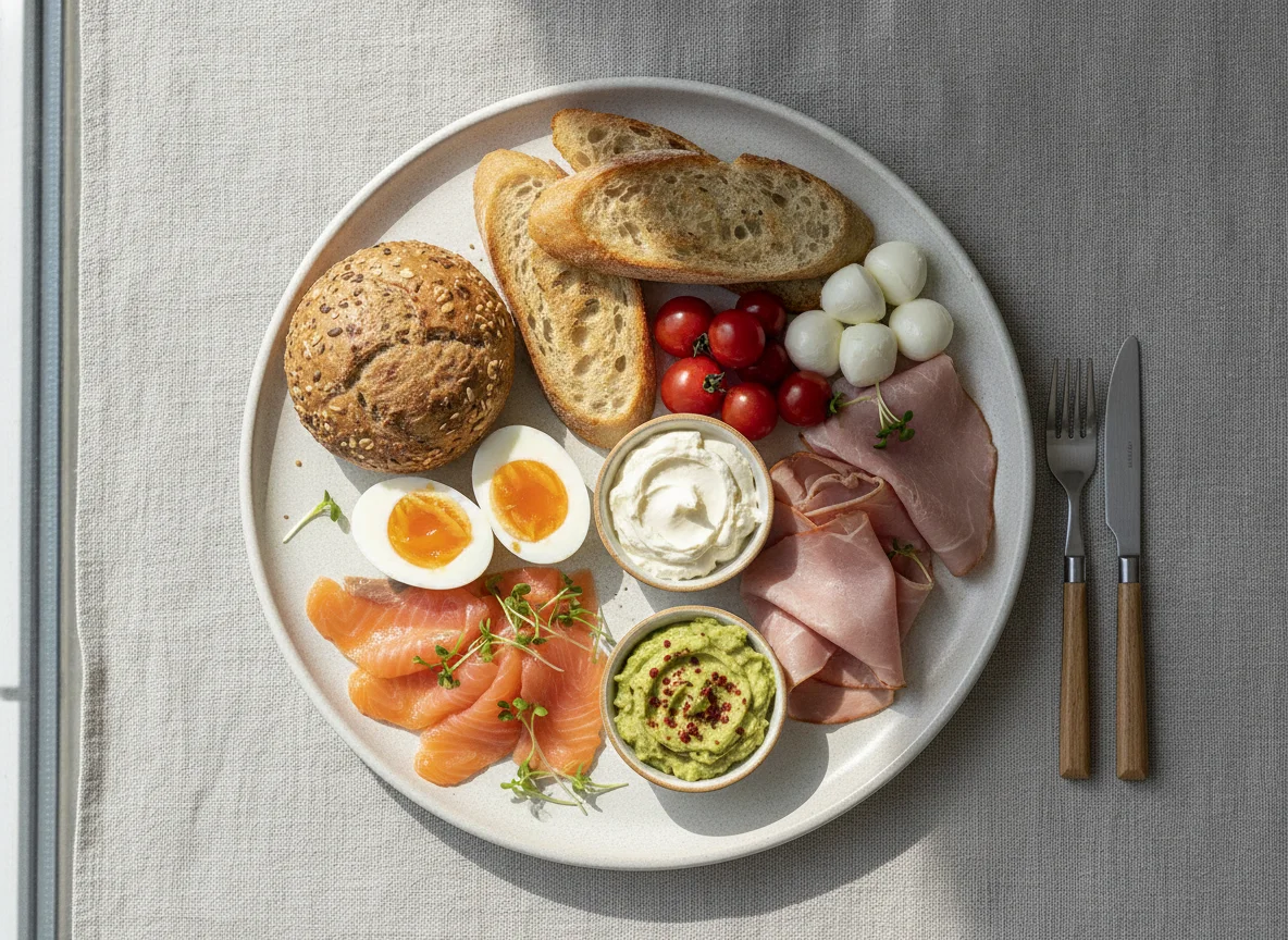 Assorted breakfast platter with smoked salmon, eggs, and ham photo