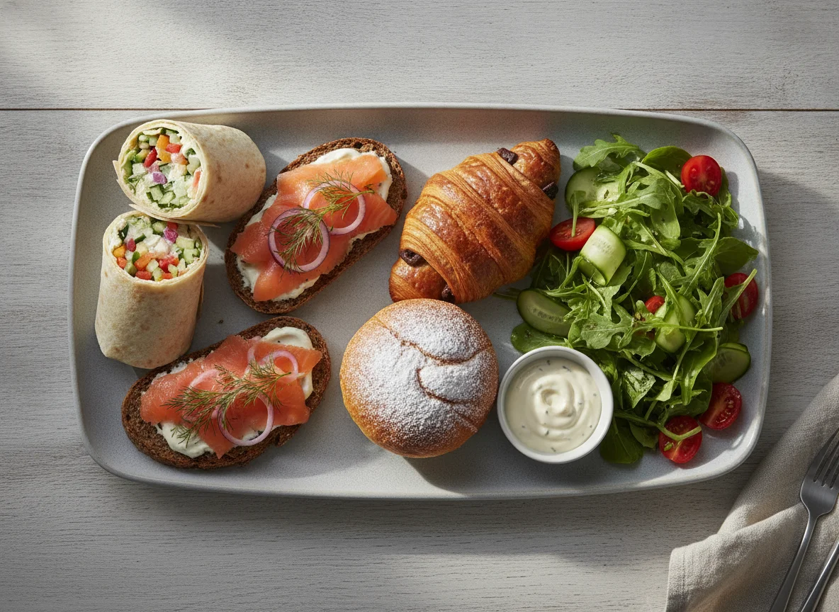 Assorted brunch plate with wraps, salmon smørrebrød, and pastries photo