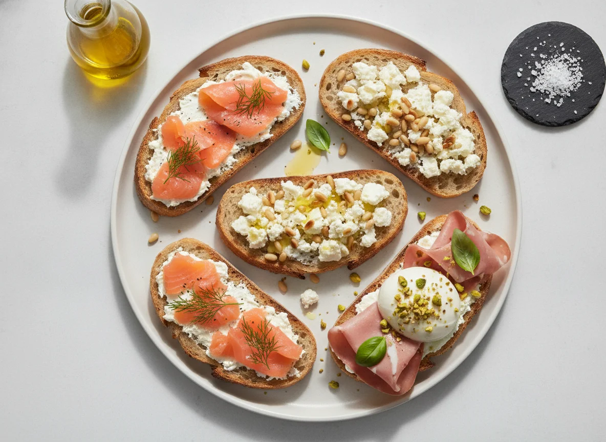 Assorted Bruschettas with Salmon, Feta, Mortadella and Burrata photo