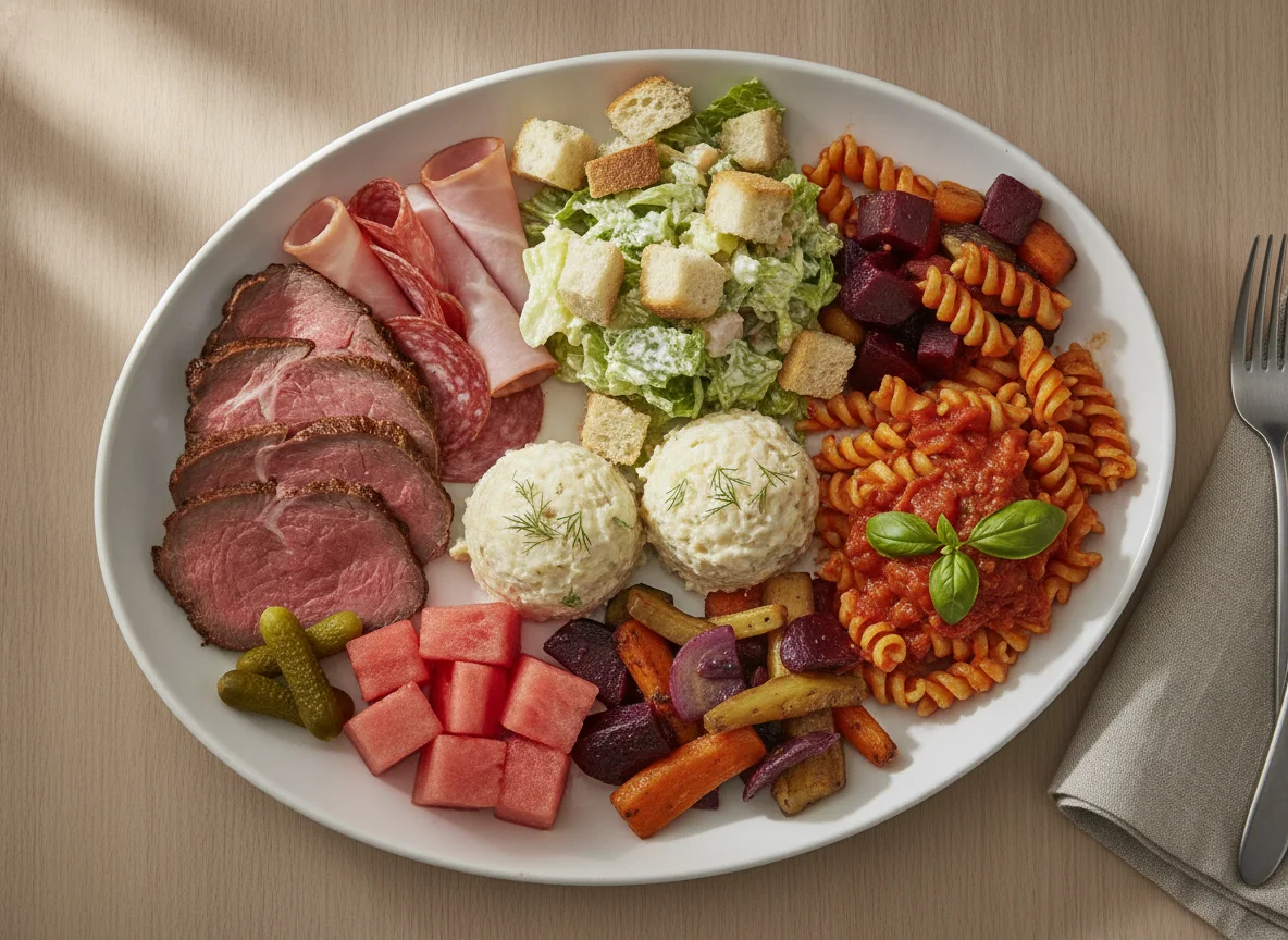 Assorted Buffet Plate with Roast Beef, Charcuterie, and Salads photo