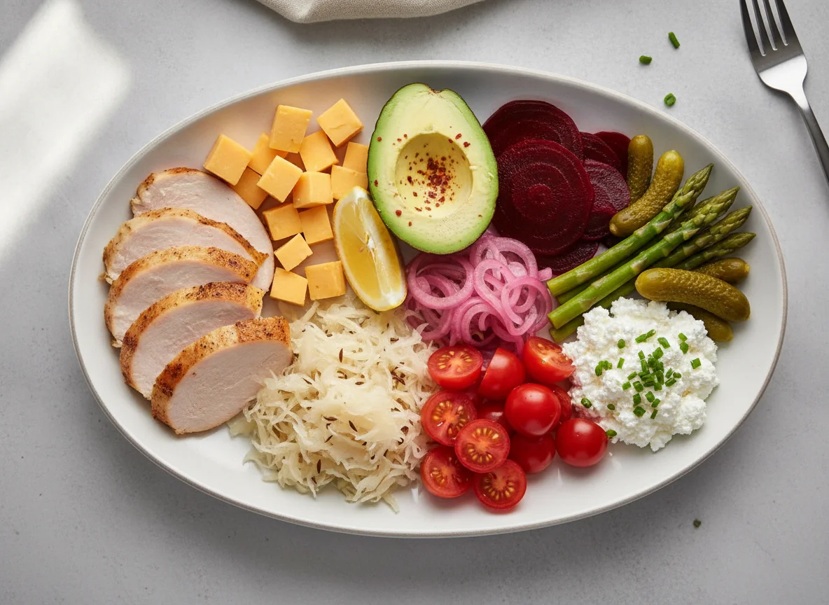 Assorted Cold Plate with Turkey, Cheese, and Vegetables photo