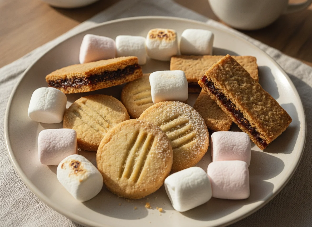 Assorted cookies and marshmallows photo